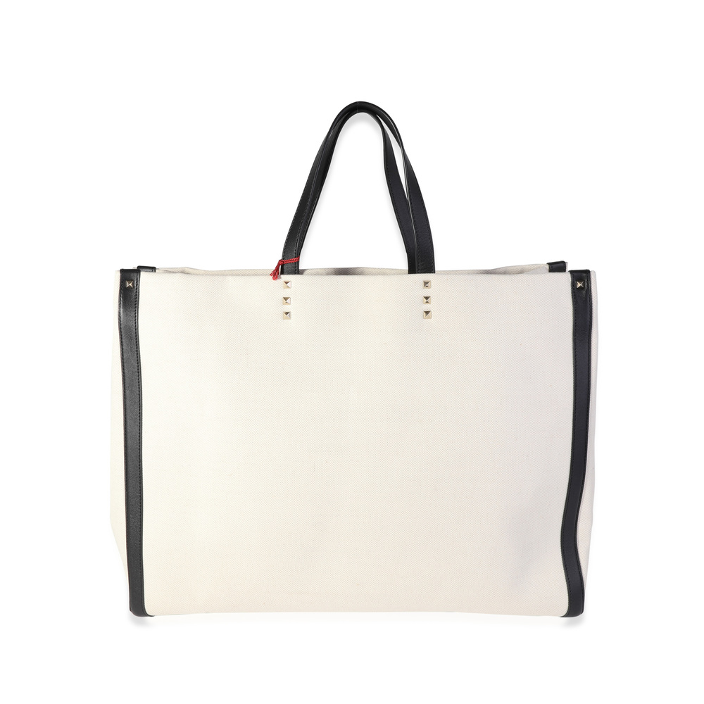 Valentino Natural Canvas & Black Leather VLTN Large Tote - Picture 3 of 7
